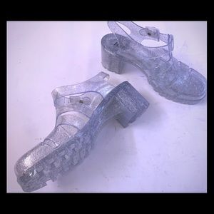Clear Jelly Sandals with Block Heel silver glitter